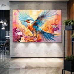 pink flowers around yellow bird with blue wings roll up canvas, stretched canvas art, framed wall art painting-1