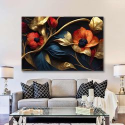 red flower with blue leaves gold details decorative roll up canvas, stretched canvas art, framed wall art painting-1