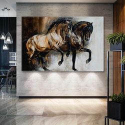 two brown horses noble animal with oil painting effect roll up canvas, stretched canvas art, framed wall art painting