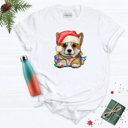 christmas corgi dog shirt, corgi shirt, christmas santa dog shirt, winter dog shirt, christmas lights dog tee, christmas