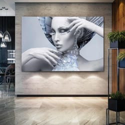 woman blindfolded with diamond hat make-up woman hairdresser decor roll up canvas, stretched canvas art, framed wall art