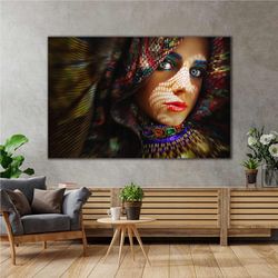 woman makeup hairdresser modern decor with red lipstick and colorful scarf roll up canvas, stretched canvas art, framed