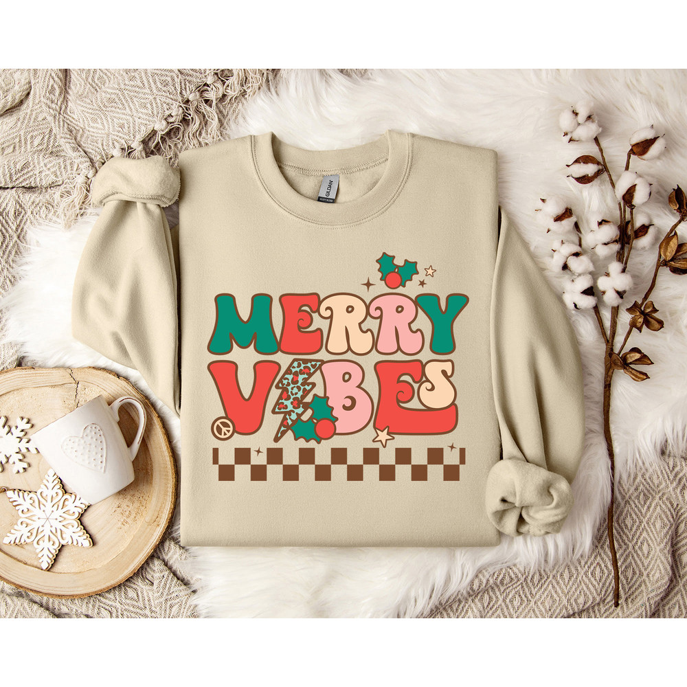 Cozy Merry Vibes Pullover - Unisex Christmas Sweater, Vintage Merry Vibes Sweatshirt - Nostalgic Winter Fashion.jpg
