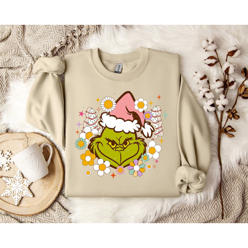 Grinch Pink Christmas Sweatshirt ,Festive Floral Christmas Sweatshirt, Holiday Bloom Jumper, Winter Flowers Pullover, Xmas Blossom Sweater.jpg