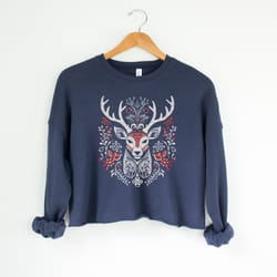 scandinavian folk art deer crop top sweatshirt scandi nordic design cropped trendy christma s xmas reindeer sweater 202