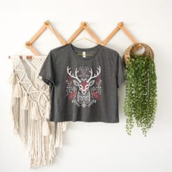 scandinavian folk art deer crop top tshirt scandi nordic design cropped shirt trendy christma s xmas reindeer festive