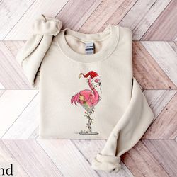 christmas flamingo sweatshirt, christmas sweatshirt, gift for her, string lights sweatshirt, gift for women, christmas g