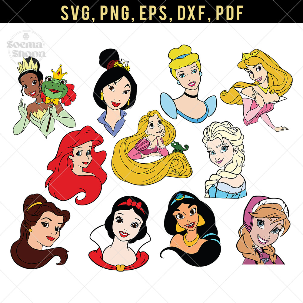 Templ Sv inspis Princess Heads Svg, Disney Princesses Faces Svg, Dxf, Eps & Png Cutfile.jpg