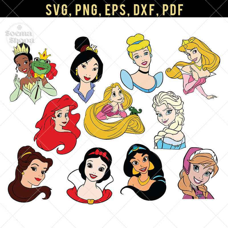 Templ Sv inspis Princess Heads Svg, Disney Princesses Faces Svg, Dxf, Eps & Png Cutfile.jpg
