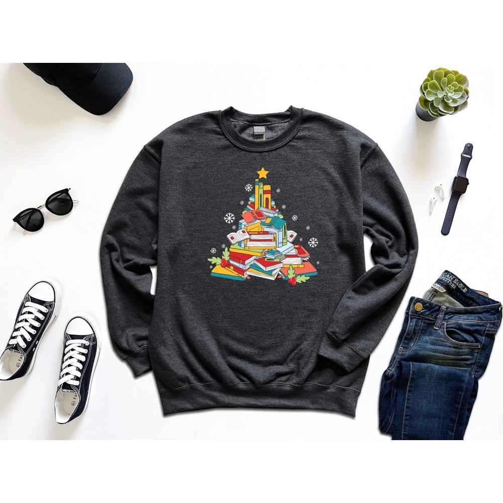 Christmas Sweatshirt, Christmas Tree Made Of Books Shirt, Book Lovers Christmas Shirt, Bookworm Christmas Shirt, Gift For Teachers, Book Tee.jpg
