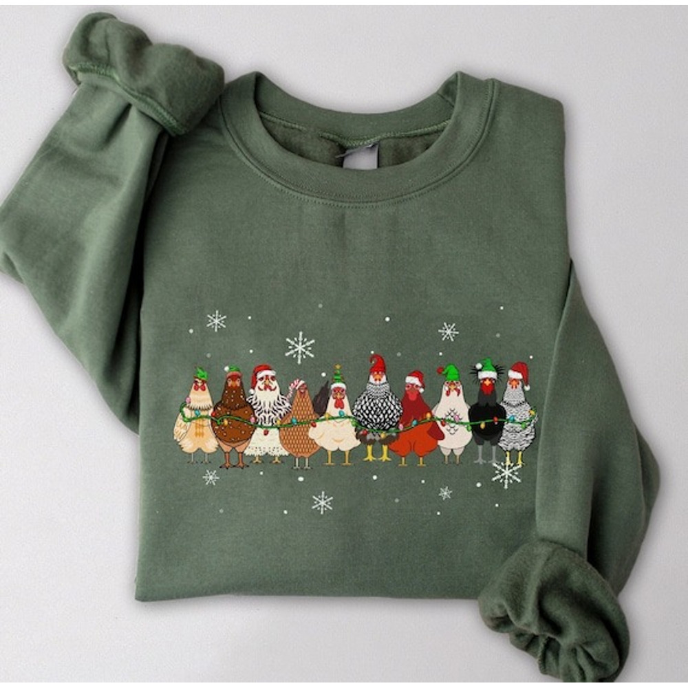 Christmas Chickens Sweatshirt, Cute Chicken Farm Animals Holiday Shirt, Trendy Santa Hat Animal Farmer Heiffer Bull Gift Holidays Crewneck.jpg