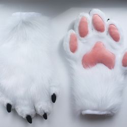 White Fursuit Paws Five Fingers, White Furry Paws with Salmon Pink Pads, White Fursuit Paws with Pink Pads