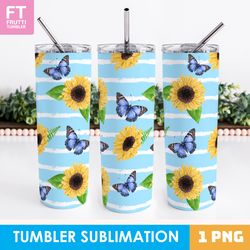 Sunflower Skinny Tumbler Wrap, Butterfly Tumbler Sublimation PNG, Sunflower Background, Blue Tumbler Wrap - 1 PNG