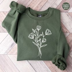 aesthetic flowers long sleeve, botanical clothing, gifts for mom, floral graphic crewneck sweatshirt, plant hoodies, coo