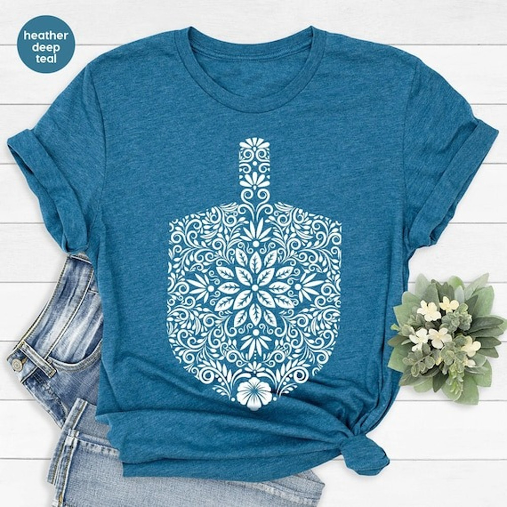 Funny Hanukkah Tshirt, Floral Dreidel Graphic Tees, Matching Family Holiday Shirts, Hanukkah Flowers Shirt for Jewish, Religious Family Gift.jpg