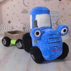 Handmade soft blue tractor with a trailer crocheted toy. Perfect gift for playtime.