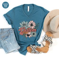 floral custom t-shirt, personalized gifts, mothers day gift, flowers graphic tees, grandma v-neck shirt, gift for her, c