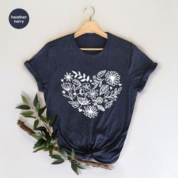 flower t-shirt, gift for her, heart graphic tees, gifts for mom, floral womens clothing, girls vneck tshirt, gardener gi
