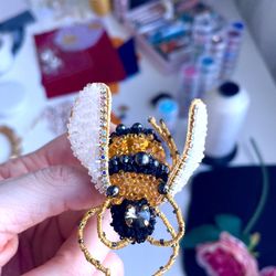 beaded brooch embroidered bee pin, whimsical artisanal garden inspired pin  collar beetle wasp pin moth brooch, bumblebe
