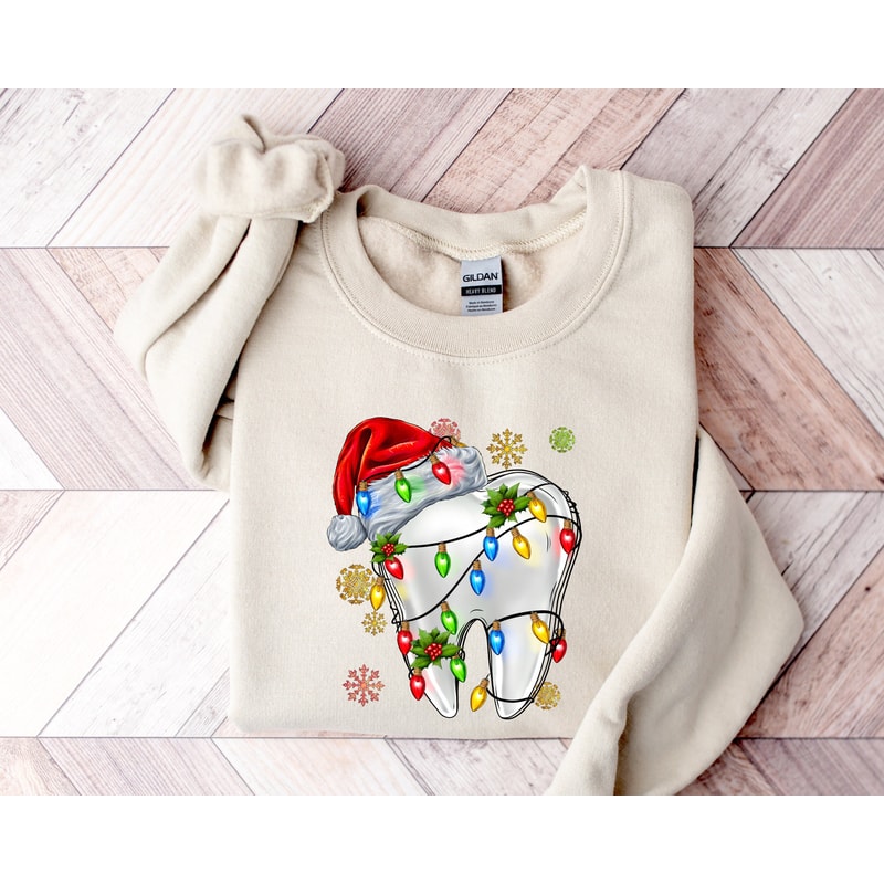 Christmas Dentist Sweatshirt, Gift For Dentist, Dental Tooth Christmas Lights Shirt, Santa Hat Tooth Shirt, Dental Assistant Christmas.jpg