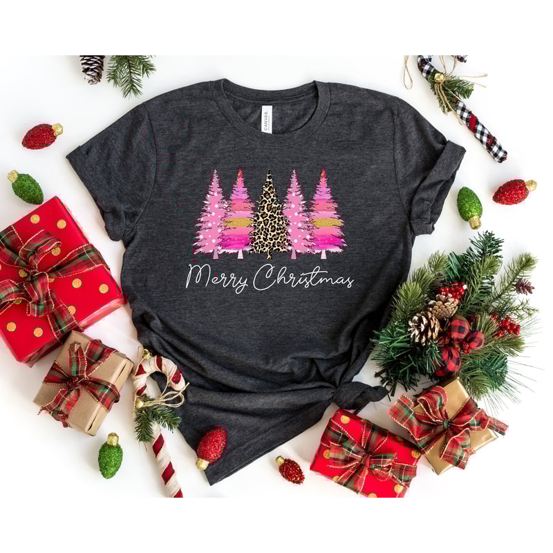 Christmas Shirt,Leopard Print Christmas Shirt, Merry Christmas Pink Christmas Trees Shirt, Holiday Shirt, Cute Christmas Tee, Leopard Shirt.jpg