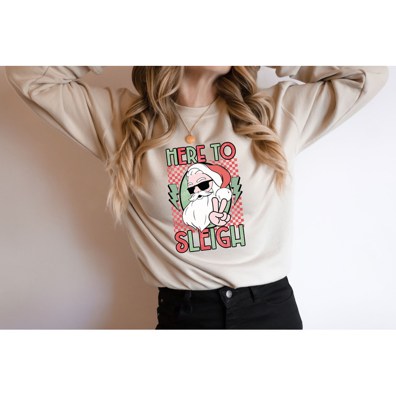 Checkered Here to Sleigh Santa Crewneck Sweatshirt For Christmas Party, Funny Santa Shirt, Retro Christmas Sweater, Xmas Gift, Holiday Tee.jpg