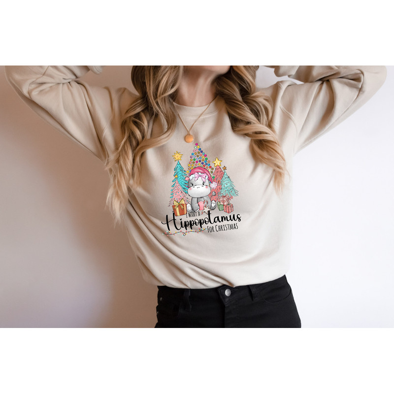 Christmas I Want A Hippopotamus Crewneck Sweatshirt Gift For Hippopotamus Lovers, Funny Hippopotamus Kids T-Shirt,Cute Christmas Tree Hoodie.jpg