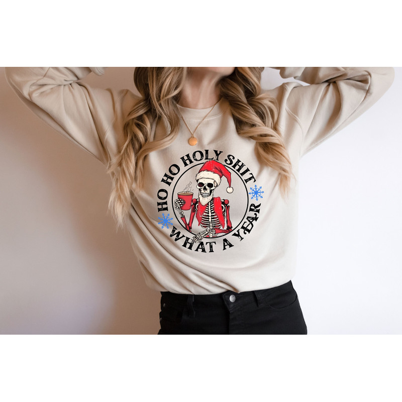 Groovy Ho Ho Holy Shit What A Year Crewneck Christmas Sweatshirt For Coffee Lover,Funny Christmas Tee,Xmas Skeleton Shirt,Coffee Addict Gift.jpg