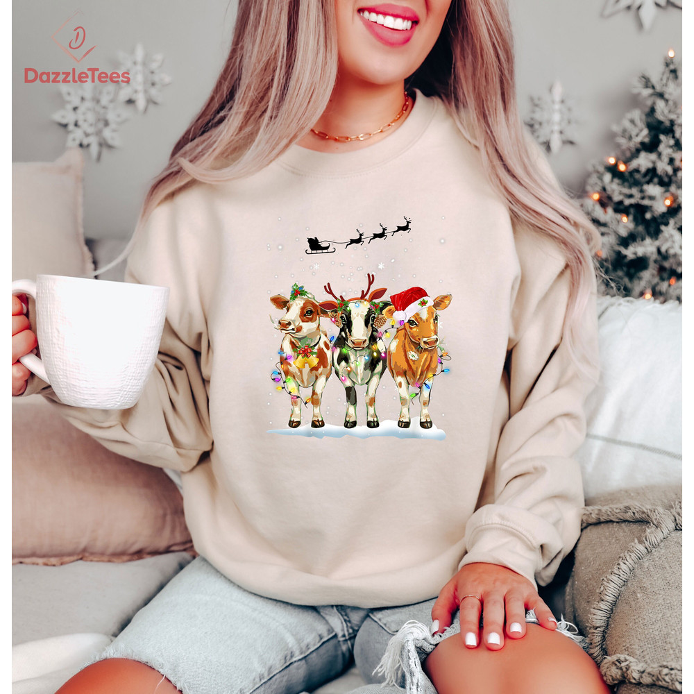 Holly Cow Christmas Vibes Sweatshirt, Santa's Cow Christmas Spirit Hoodie, Western Christmas Shirt, Country Xmas Tee, Cowboy Christmas Shirt.jpg