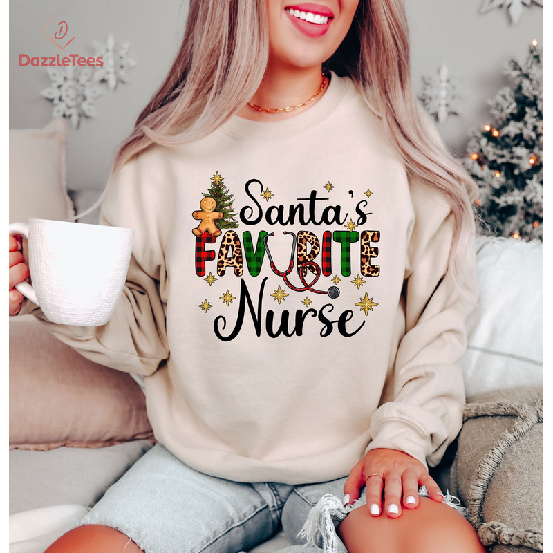 Santa's Favorite Nurse Christmas Spirit Sweatshirt, Colorful Christmas Party Hoodie, Christmas Tree Shirt, Nurse Christmas Vibes Crewneck.jpg