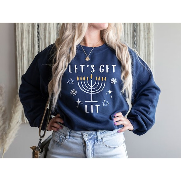 Lets Get Lit Hanukkah Sweatshirt for Women Gold & Silver Glitter Print Hanukkah Sweaters, Funny Hanukkah shirts, menorah Jewish shirts.jpg