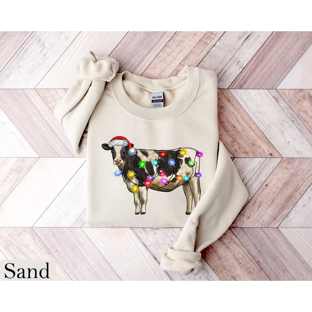 Christmas Cow Sweatshirt, Cow Christmas Lights Shirt, Christmas Crewneck, Funny Christmas Cow Shirt, Cow Holiday Sweater, Cow Lover Gift.jpg