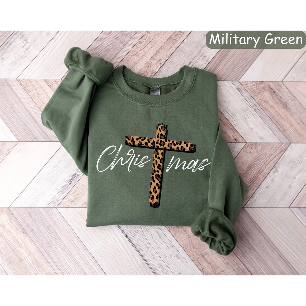 Christmas Cross Sweatshirt, Leopard Jesus Christmas Shirt, Christmas Gift, Faith Christmas Shirt, Holiday Sweaters, New Year Shirt, Xmas Tee.jpg