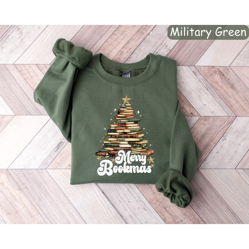 Merry Bookmas Sweatshirt, Bookworm Christmas Sweater, Christmas Book Tree Shirt, Christmas Gift for Teacher, Holiday Crewneck, Xmas Sweater.jpg