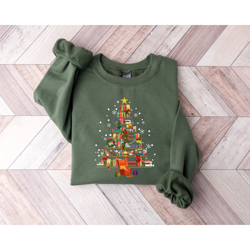 Christmas Tree made of books Sweatshirt, Gift For Teachers, Book Tree, Book Lovers Christmas Shirt, Bookworm Christmas Shirt.jpg