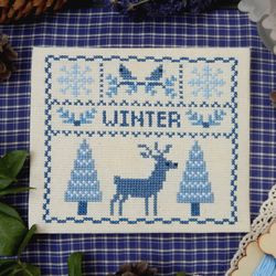 Blue winter monochrome cross stitch pattern Pdf digital download Winter cross stitch chart Counted cross stitch deer