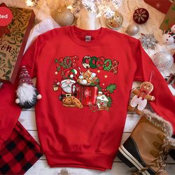 christmas santa cookies hoodies, gnome hot cocoa graphic long sleeve shirts for her, hot chocolate family sweatshirts, c