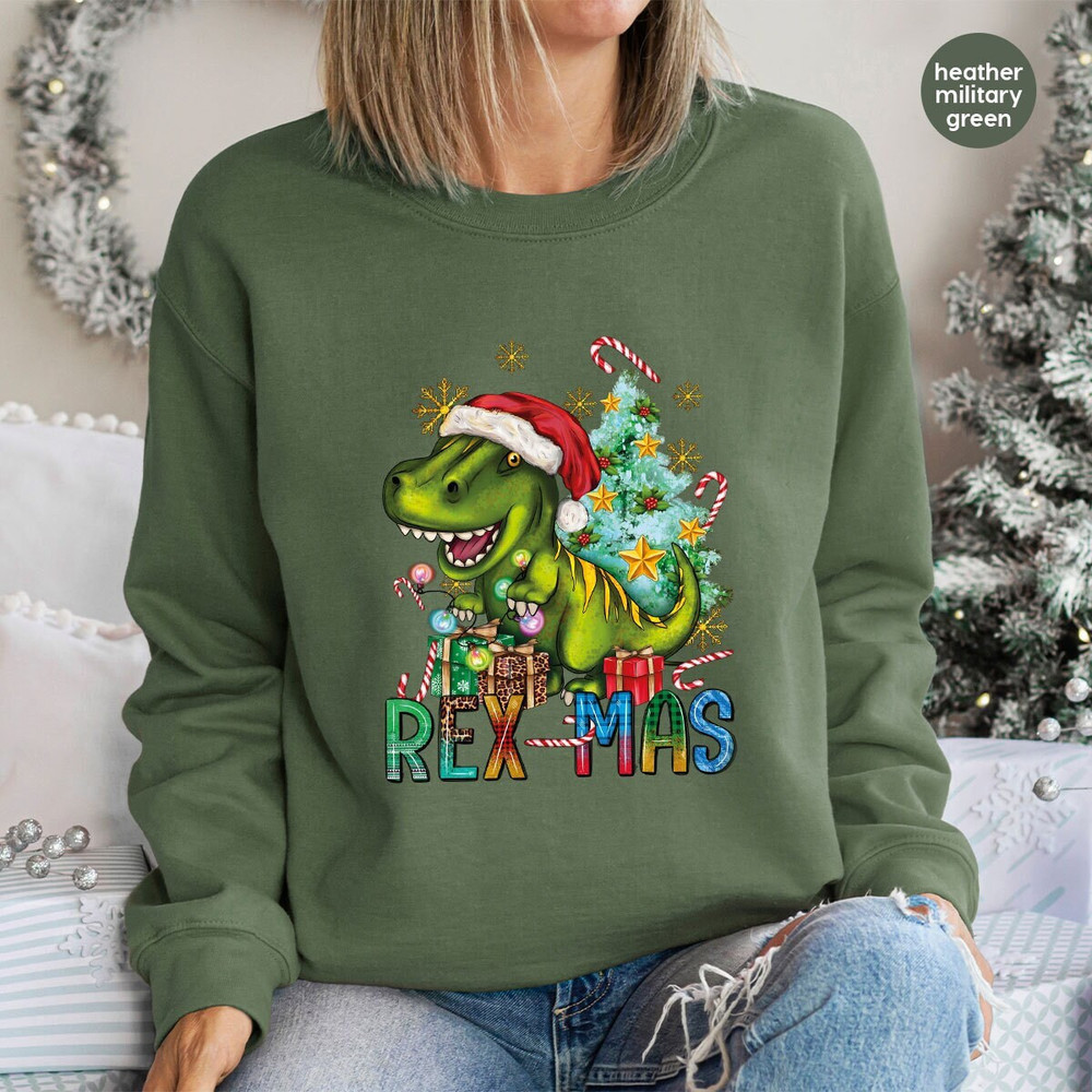 Cute Christmas Sweatshirt, Dinosaur Graphic Tees, Merry Christmas Gift, Dino Long Sleeve T-Shirt, Holiday Hoodies and Sweaters, Gift for Him.jpg