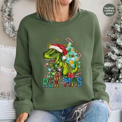 cute christmas sweatshirt, dinosaur graphic tees, merry christmas gift, dino long sleeve t-shirt, holiday hoodies and sw