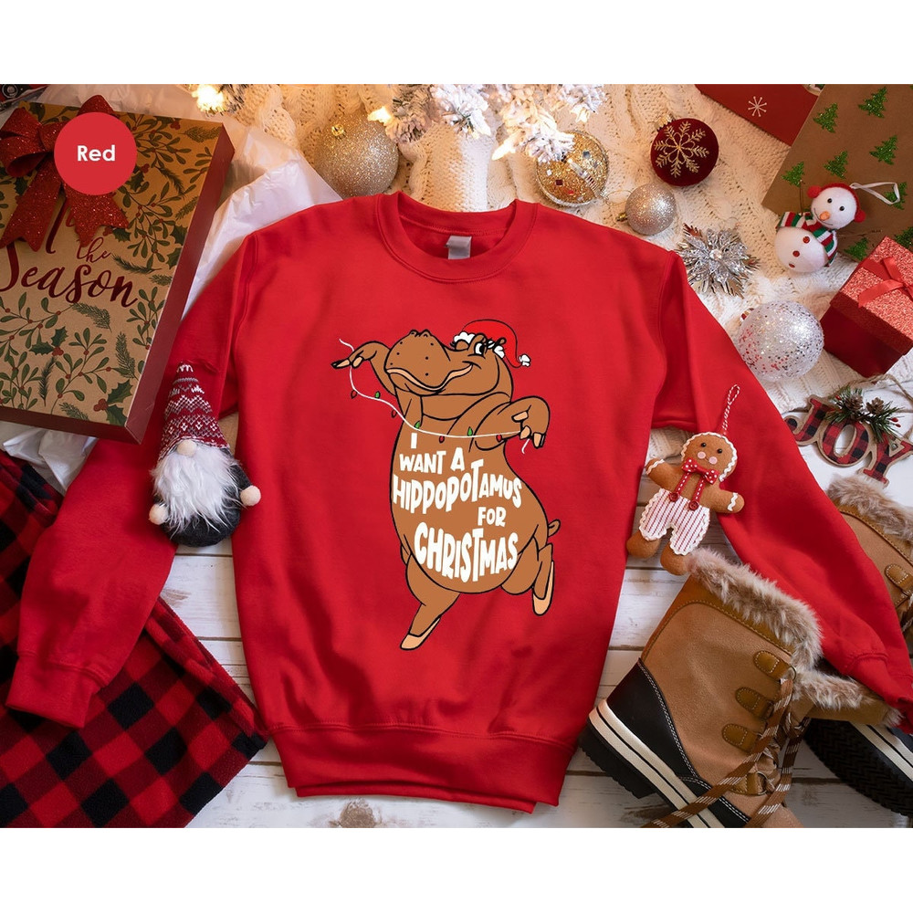 Funny Christmas Hippopotamus Graphic Hoodies, Christmas Crewneck Sweatshirts, Holiday Party Long Sleeve, I Want a Hippopotamus for Christmas.jpg
