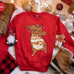 funny christmas hippopotamus graphic hoodies, christmas crewneck sweatshirts, holiday party long sleeve, i want a hippop