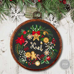 Merry Christmas Cross Stitch Pattern, Christmas Wreath Embroidery 4, Christmas home decoration, PDF 393