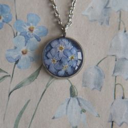 Pressed forget me not flower necklace, Silver stainless steel round necklace