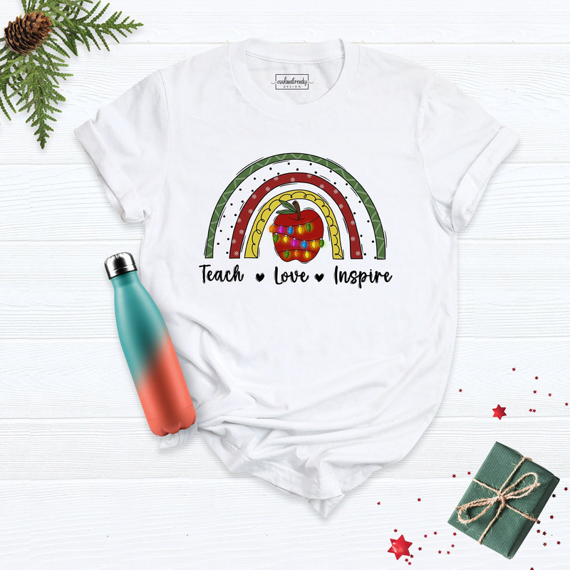 Christmas Teach Love Inspire Shirt, Teacher Christmas Shirt, Elementary School Teacher Shirt, Teacher Appreciation Shirt, Back To School Tee.jpg