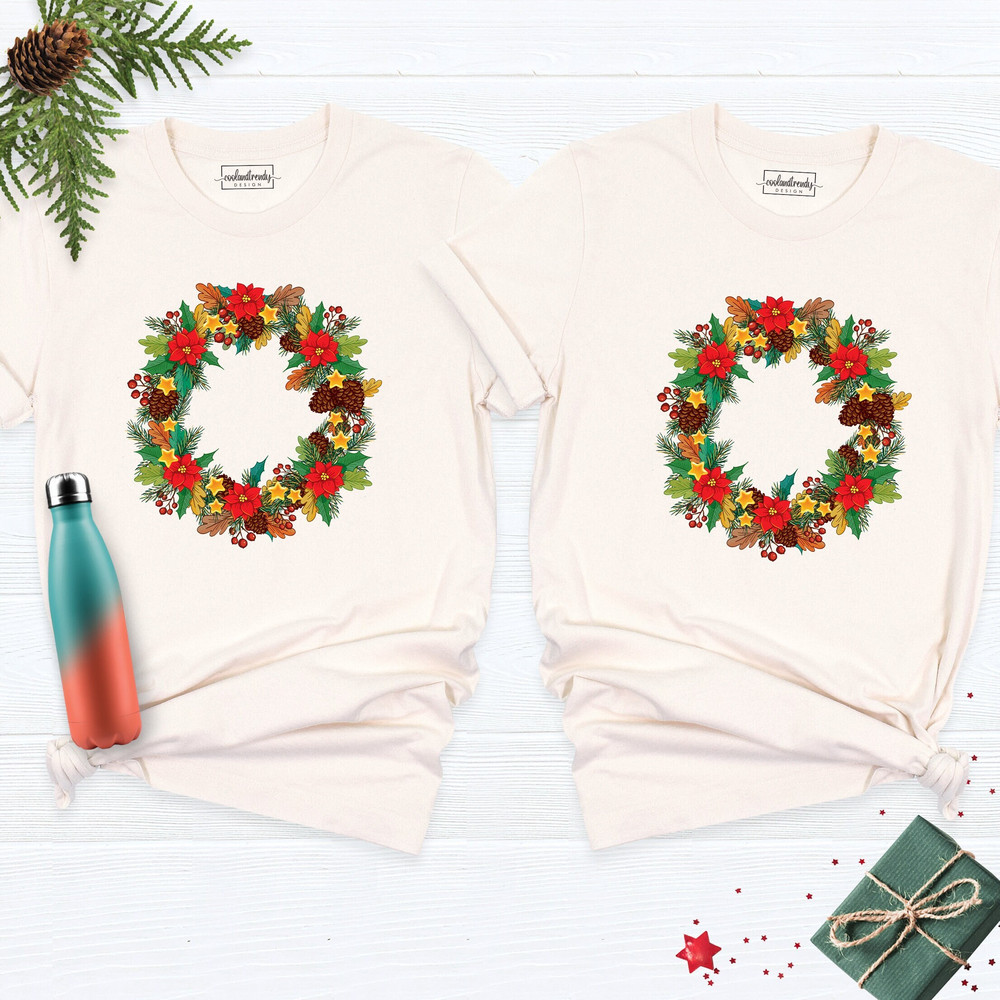 Christmas Wreath T-Shirt, Christmas Hawaiian Flower Wreath Shirt, Xmas Holiday Tshirt, Funny Christmas Couples Matching, Christmas Wreath.jpg