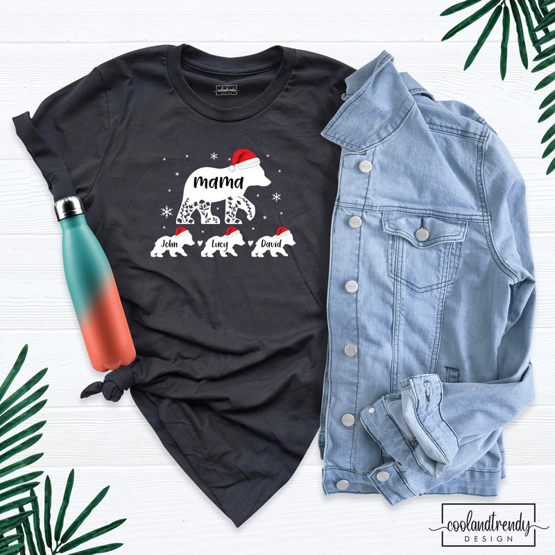 Custom Mama Bear Childs Shirt, Bear Family Christmas Party Shirt, Mom Shirt with Kids Name, Personalized Mama Outfit, Santa Bear Shirt.jpg