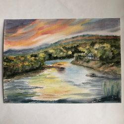 Landscape with a river original watercolour painting wall art hand painted