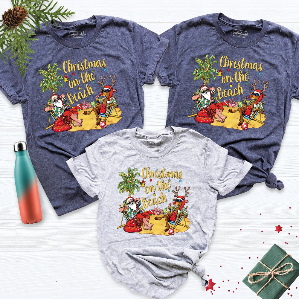 Family Tropical Christmas Shirts, Tropical Christmas Reindeer Shirt, In July Hawaiian Santa Tee, Santa Summer Beach Vacation Shirt, Xmas Tee.jpg