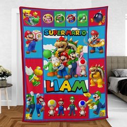 custom super mario fleece blanket, super mario lovers gift, super mario birthday kid gift, fleece sherpa quilt blanket b