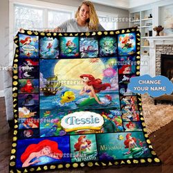 custom ariel the little mermaid quilt blanket, ariel princess bedding set, mermaid kids bedding set, baby blanket, carto
